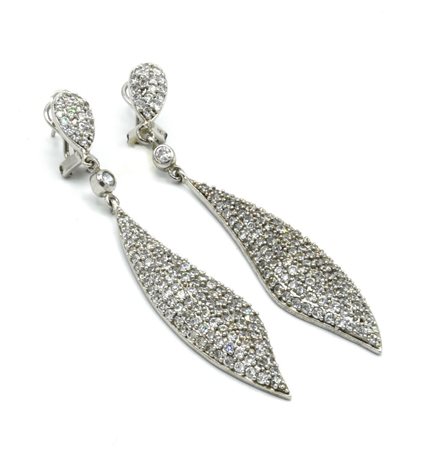 ORECCHINI PENDENTI A FOGLIA in argento 925 decorati con zirconi, chiusura a...