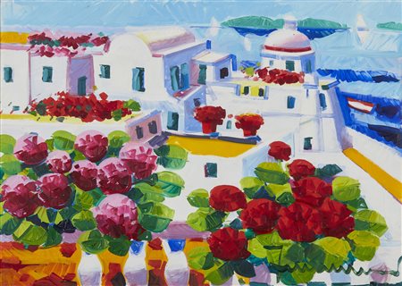 FACCINCANI ATHOS (n. 1951) - Santorini e gerani. .