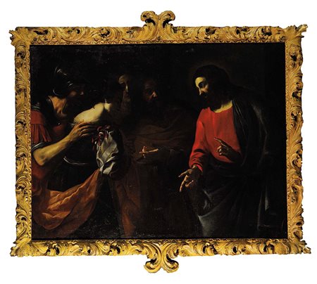 GREGORIO PRETI (1603-1672) Cristo e l’adultera, 1650 ca. Olio su tela,...