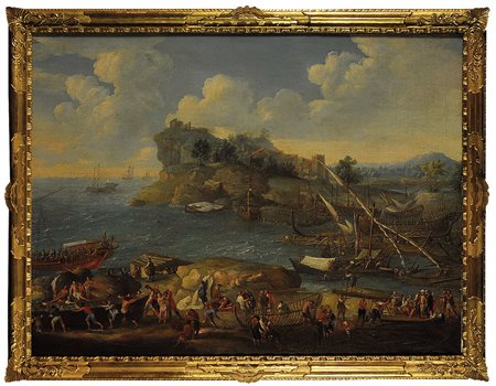 LUCA CARLEVARIJS (1663 1730) O AMBITO DI Porto di mare con bucintoro, navi e...
