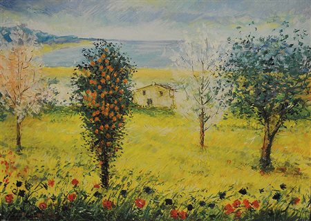 MICHELE CASCELLA (1892-1989) Collina con golfo sullo sfondo Pastelli, gesso e...
