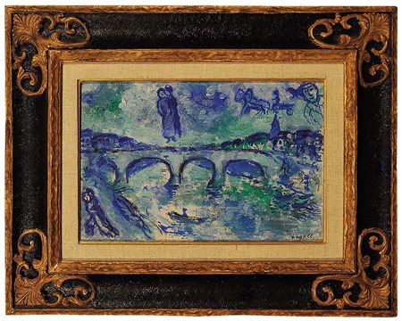 MARC CHAGALL (1887 1985) Le pont en bleu, 1968 Olio su cartone telato,...