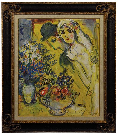 MARC CHAGALL (18871985) Les amoureux sur le fond jaune, 196o Olio e gouache...