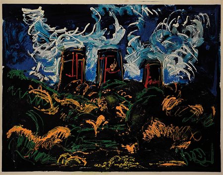 MARIO SCHIFANO (1934-1998) Altoforni Smalto e acrilico su tela, 129,6x150,8...