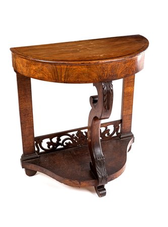 Piccola console a demilune in legni diversi, fine del XIX/inizi del XX secolo
