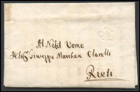 Prephilatelic, 1796, letter sent from Rome to Rieti. On the front the dry...