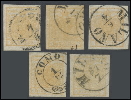 Lombardy - Venetia, 1850, 5c. N.1, five specimens of various hues. U.