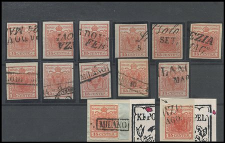 Lombardy - Venetia, 1850, a selection of 13 stamps, 15c. I° type items with...