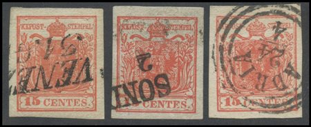 Lombardy - Venetia, 1850, 15c. The N.4 type in three different hues. Two of...