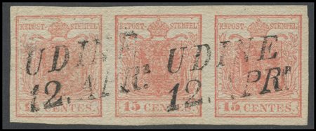 Lombardy - Venetia, 1850, 15c. N.5 Pink on pseudo-laid paper, in three...