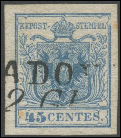 Lombardy - Venetia, 1850, 45c. Certified by Bolaffi as a "Celeste Cupo" (Deep...