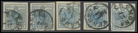 Lombardy - Venetia, 1850, 45c N.11. Small study of the colours, 5 stand-alone...