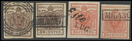 Lombardy - Venetia, 1851, Vertically ribbed paper, lot of 4 stand-alone...