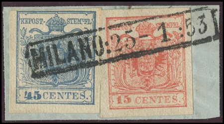 Lombardy - Venetia, 1853, 45c. slate Ribbed paper (Cotelè) N.17bc and 15c....