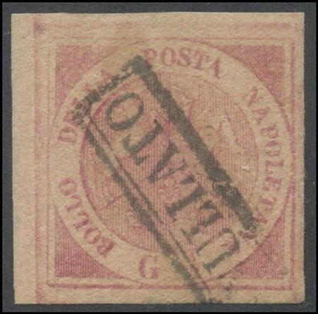 Naples, 1852, 1/2 gr. Pink II plate N.2c with left sheet margin, used. (A+)