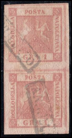 Naples, 1858, N.4 Carmine Pink, vertical pair, used. (A+)