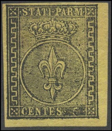 Parma, 1852, 5c. N.1 . Yellow, top-right corner of the sheet, MH. (Lux)...