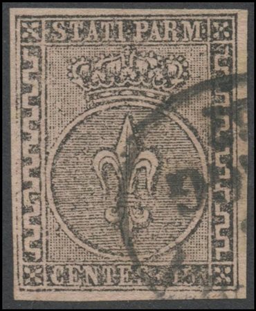 Parma, 1852, 15c. N. Pink with large fret on the left, used. (Lux)