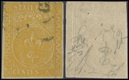 Parma, 1853, 5c. N.6 Yellow and Orange with a rather uncommon crease of the...