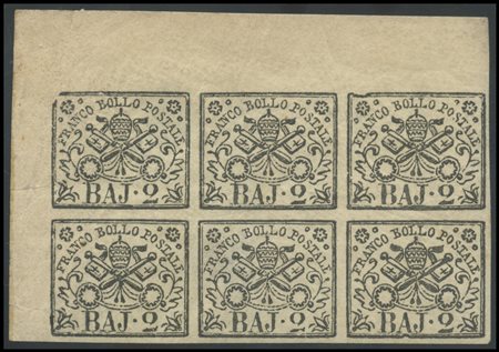 Papal States, 1852, 2Baj. White N.3A sheet corner sorted by 6. Interesting...