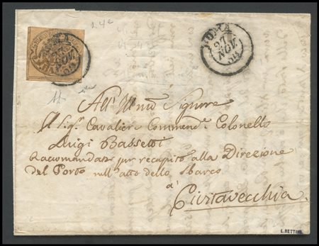 Papal States, 27.11.1854, Letter from Rome to Civitavecchia posted with 3Baj....