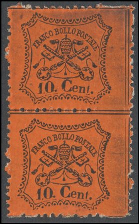 Papal States, 1868, N.26 in vertical couple with incomplete perforation in...