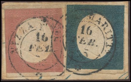 Sardinia, 16.02.1855, Fragment with a 20C. N.8d Greenish Light Blue and a 40c...