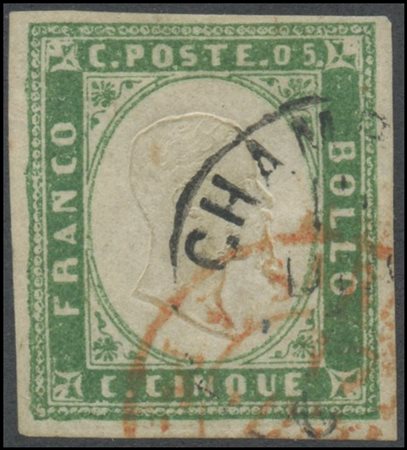 Sardinia, 1855, 5c. Pea Green N.13c. (A+) (Cert.Cardillo)