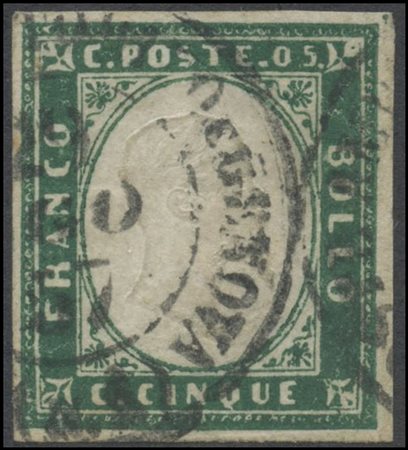 Sardinia, 1855, 5c. N.13f Dark Emerald, used. (A) (A. Diena, Raybaudi)