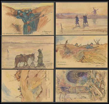 Postcards, Andre Lagarrigue, lot of 6 watercolored postcards titled "Le...