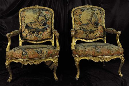 COPPIA DI POLTRONE IN STILE LUIGI XV CON TAPPEZZERIA SCENICA AUBOUSSON...