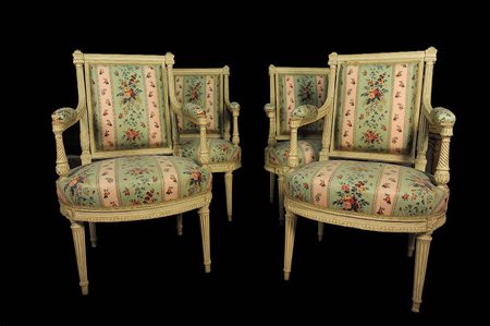 QUATTRO SEDIE IN STILE LUIGI XVI Francia, 1780-1790 ca. 87x55x52 cm. Stato di...