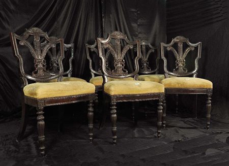 SEI SEDIE DA PRANZO IN STILE LUIGI XVI Piemonte (?), 1780-1820 Legno, pelle...