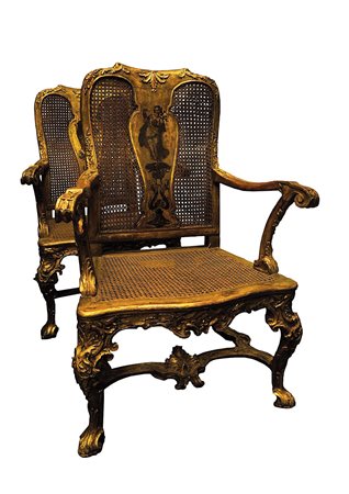 QUATTRO SEDIE ORNATE CON ALLEGORIE DELLE ARTI Produzione piemontese (?),...