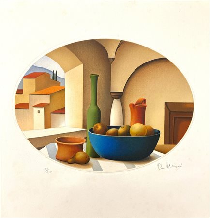 Roberto Masi NATURA MORTA CON PAESAGGIO (OVALE) litografia, cm 33x42; es....