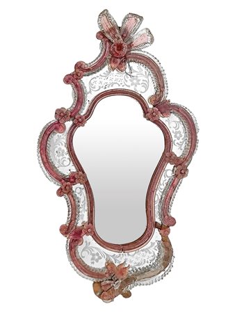 Specchiera in vetro di Murano di colore rosa, nineteen° Secolo