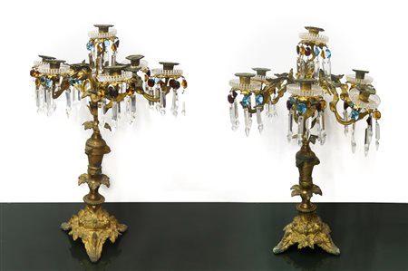 Coppia candelabri in ottone dorato a 7 luci , Nineteen° Secolo
