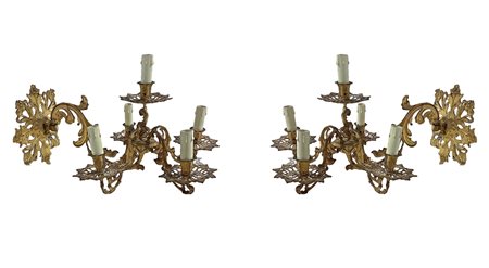 Coppia di applique a cinque luci in bronzo dorato, nineteen° Secolo