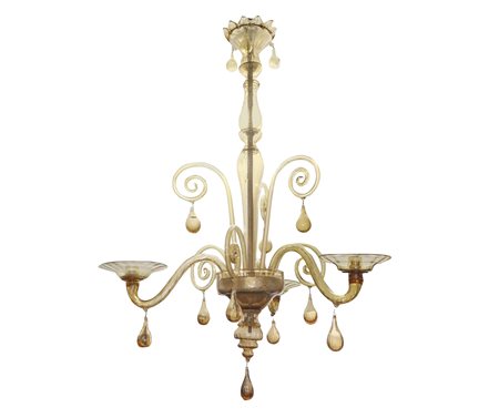 Lampadario a tre luci in vetro soffiato nei toni del pagliesco, 1920s