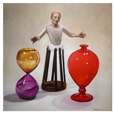 Antonio Sciacca (Catania 1957)  - Natura morta di manichino ligneo con clessidra e vaso di vetro