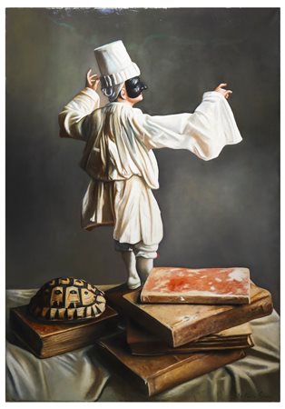 Antonio Sciacca (Catania 1957)  - Natura morta con libri, tartaruga e pulcinella