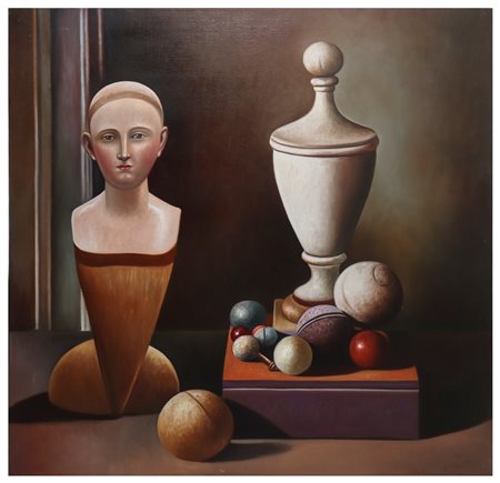 Antonio Sciacca (Catania 1957)  - Natura morta di sfere e scultura lignea