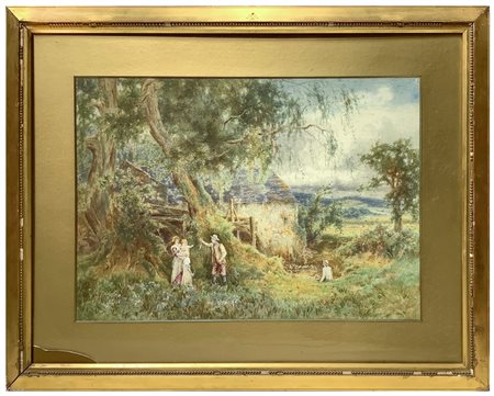 Personaggi sulla riva di un fiume con fonte, inizi 20° Secolo