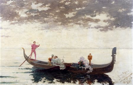 Giuseppe Signorini (Roma 1857-1932)  - Corteggiamento in gondola, 1900