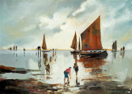 Paride Pozzato (Rovigo 1879-1971)  - Barche e pescatori in laguna