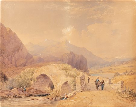 Attribuito a Giovanni Renica (Montirone 1808 - Brescia 1884) - Paesaggio con popolani