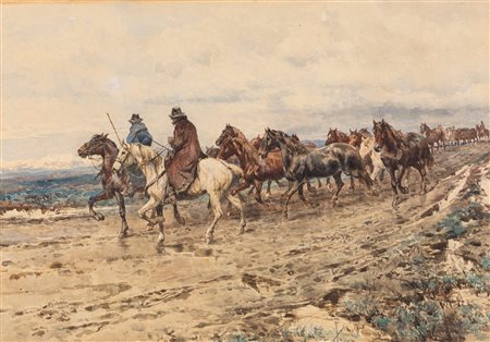 Enrico Coleman (Roma 1846-1911)  - Butteri e mandria di cavalli