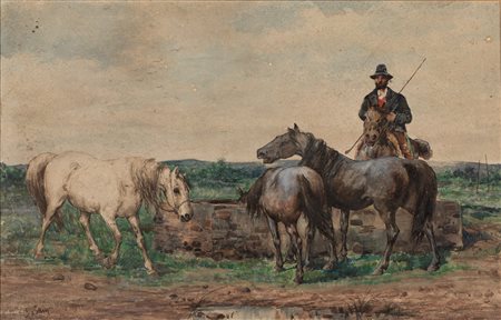 Giuseppe Gabani (Senigallia 1846-Roma 1900)  - Cavalli nella Campagna romana