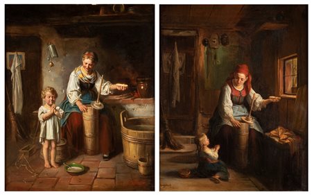 Pittore austriaco del XIX secolo - Coppia di scene d'interno, 1878