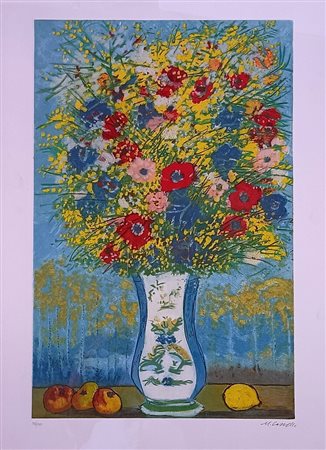 CASCELLA MICHELE Ortona (Ch) 1892 Vaso di fiori Incisione acquaforte a colori...